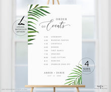 Load image into Gallery viewer, Tropical Wedding Order of Events Sign Template, Palm Leaf Editable Order of Service, Wedding Timeline &amp; Agenda, Ceremony Program Poster, 002
