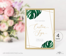 Load image into Gallery viewer, Custom Tropical Monstera Wedding Sign Template, Table Sign, Printable Gold Geometric Green Custom Wedding Signs, 5x7 8x10, 100% Editable 003