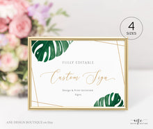 Load image into Gallery viewer, Custom Tropical Monstera Wedding Sign Template, Table Sign, Printable Gold Geometric Green Custom Wedding Signs, 5x7 8x10, 100% Editable 003
