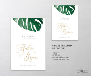 Monstera Wedding Welcome Sign Template, Tropical Greenery Palm Leaf Wedding Signs, Printable Shower Poster, Fully Editable Inst Download 003