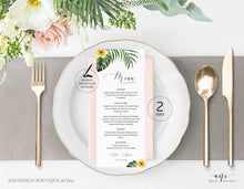 Load image into Gallery viewer, Tropical Plumeria Wedding Menu Template, Editable Printable Dinner Menu, Hawaii Bridal Shower Menu, Beach Palm Leaf Monstera, Download 002