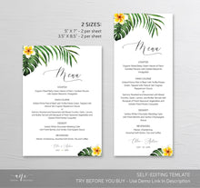 Load image into Gallery viewer, Tropical Plumeria Wedding Menu Template, Editable Printable Dinner Menu, Hawaii Bridal Shower Menu, Beach Palm Leaf Monstera, Download 002