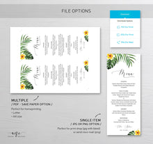 Load image into Gallery viewer, Tropical Plumeria Wedding Menu Template, Editable Printable Dinner Menu, Hawaii Bridal Shower Menu, Beach Palm Leaf Monstera, Download 002