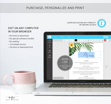 Load image into Gallery viewer, Tropical Plumeria Wedding Menu Template, Editable Printable Dinner Menu, Hawaii Bridal Shower Menu, Beach Palm Leaf Monstera, Download 002