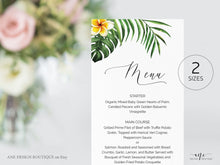 Load image into Gallery viewer, Tropical Plumeria Wedding Menu Template, Editable Printable Dinner Menu, Hawaii Bridal Shower Menu, Beach Palm Leaf Monstera, Download 002