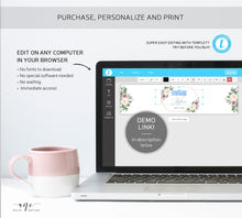 Load image into Gallery viewer, Boho Geometric Wedding Water Bottle Label Template, Eucalyptus Mauve Roses Bridal Shower Favor, Printable Custom, 100% Editable Download 007