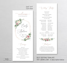 Load image into Gallery viewer, Geometric Floral Printable Wedding Program Template, Editable Order of Service, Boho Rose Gold, Eucalyptus Greenery Mauve Blush Roses, 007