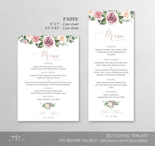 Load image into Gallery viewer, Mauve Blush Roses Wedding Menu Program Template, Boho Eucalyptus Greenery, Rustic Floral Printable Dinner Menu Bridal Shower, Editable 007