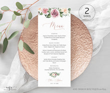 Load image into Gallery viewer, Mauve Blush Roses Wedding Menu Program Template, Boho Eucalyptus Greenery, Rustic Floral Printable Dinner Menu Bridal Shower, Editable 007
