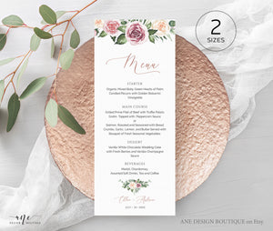 Mauve Blush Roses Wedding Menu Program Template, Boho Eucalyptus Greenery, Rustic Floral Printable Dinner Menu Bridal Shower, Editable 007