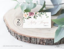 Load image into Gallery viewer, Mauve & Blush Roses Printable Place Card Template, Printable Wedding Bridal Escort Card, Editable Name Cards, Boho Eucalyptus Greenery, 007