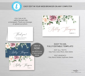Mauve & Blush Roses Printable Place Card Template, Printable Wedding Bridal Escort Card, Editable Name Cards, Boho Eucalyptus Greenery, 007