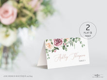 Load image into Gallery viewer, Mauve & Blush Roses Printable Place Card Template, Printable Wedding Bridal Escort Card, Editable Name Cards, Boho Eucalyptus Greenery, 007