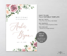 Load image into Gallery viewer, Mauve Floral Wedding Welcome Sign Template, Dusty Roses & Eucalyptus Wedding Signs, Printable Shower Poster, 100% Editable, DIY Download 007