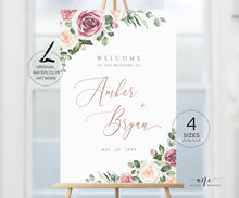 Load image into Gallery viewer, Mauve Floral Wedding Welcome Sign Template, Dusty Roses & Eucalyptus Wedding Signs, Printable Shower Poster, 100% Editable, DIY Download 007