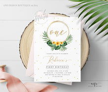 Load image into Gallery viewer, Tropical Birthday Invitation Template, Girl 1st Birthday, Summer Beach Invite, Palm Leaf, Fully Editable, Printable DIY Instant Download 002