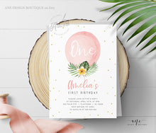 Load image into Gallery viewer, Tropical Balloon Birthday Invitation Template, Pink Gold Girl 1st Birthday, Summer Invite, Palm Leaf, Fully Editable, Printable Download 002
