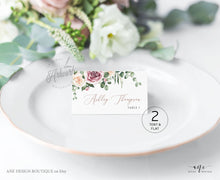 Load image into Gallery viewer, Mauve & Blush Roses Printable Place Card Template, Printable Wedding Bridal Escort Card, Editable Name Cards, Boho Eucalyptus Greenery, 007