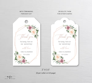 Boho Floral Wedding Favor Tag Template, Mauve Roses Thank You Tag, Bridal Shower Favor, Welcome Bag Label, Editable, Printable, Download 007