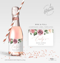 Load image into Gallery viewer, Floral Mini & Full Champagne Label Template, Mauve Roses Wedding Bachelorette Bridal Baby Shower Favor Sticker, Fully Editable Printable 007