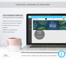 Load image into Gallery viewer, Tropical Beach Water Label Template, Palm Leaf Monstera, Thirty and Thirsty 30 Birthday Navy Blue Bridal Baby Shower, Printable Editable 002