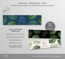 Load image into Gallery viewer, Tropical Beach Water Label Template, Palm Leaf Monstera, Thirty and Thirsty 30 Birthday Navy Blue Bridal Baby Shower, Printable Editable 002