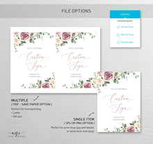 Load image into Gallery viewer, Boho Floral Wedding Sign Template, Eucalyptus Mauve Roses Watercolor Table Sign, Printable Custom Wedding Signs, 5x7 8x10, 100% Editable 007