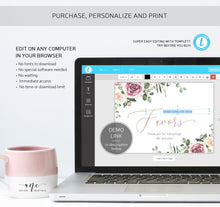 Load image into Gallery viewer, Boho Floral Wedding Sign Template, Eucalyptus Mauve Roses Watercolor Table Sign, Printable Custom Wedding Signs, 5x7 8x10, 100% Editable 007