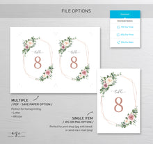 Load image into Gallery viewer, Geometric Boho Table Number Card Template, Eucalyptus, Mauve Roses, Wedding Bridal Table Card 4x6 5x7, 100% Editable, Printable Download 007
