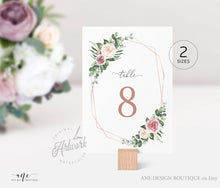 Load image into Gallery viewer, Geometric Boho Table Number Card Template, Eucalyptus, Mauve Roses, Wedding Bridal Table Card 4x6 5x7, 100% Editable, Printable Download 007