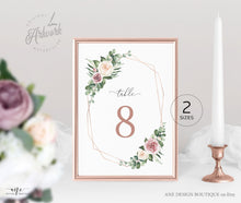 Load image into Gallery viewer, Geometric Boho Table Number Card Template, Eucalyptus, Mauve Roses, Wedding Bridal Table Card 4x6 5x7, 100% Editable, Printable Download 007