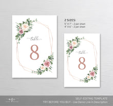 Load image into Gallery viewer, Geometric Boho Table Number Card Template, Eucalyptus, Mauve Roses, Wedding Bridal Table Card 4x6 5x7, 100% Editable, Printable Download 007