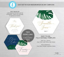 Load image into Gallery viewer, Monstera Hexagon Place Card Template, Beach Tropical Wedding Bridal Modern Escort Card, Custom Editable Name Cards, Printable, Download, 003
