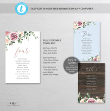 Load image into Gallery viewer, Floral Eucalyptus Seating Chart Template, Table Number Cards, Modern Mauve Roses Wedding Seating Cards, 100% Editable Printable Download 007