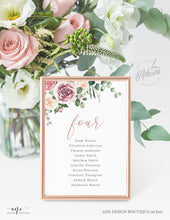 Load image into Gallery viewer, Floral Eucalyptus Seating Chart Template, Table Number Cards, Modern Mauve Roses Wedding Seating Cards, 100% Editable Printable Download 007