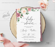 Load image into Gallery viewer, Mauve Roses Baby Shower Invitation Template, Eucalyptus Greenery Boho Bridal Invite, Gender Neutral, Fully Editable, Printable, Download 007