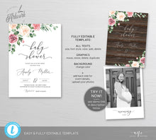 Load image into Gallery viewer, Mauve Roses Baby Shower Invitation Template, Eucalyptus Greenery Boho Bridal Invite, Gender Neutral, Fully Editable, Printable, Download 007