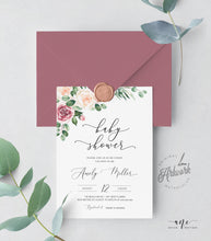 Load image into Gallery viewer, Mauve Roses Baby Shower Invitation Template, Eucalyptus Greenery Boho Bridal Invite, Gender Neutral, Fully Editable, Printable, Download 007