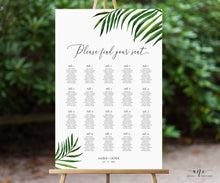 Load image into Gallery viewer, Tropical Beach Seating Chart Template, Greenery Wedding Bridal Sign Table Plan, Palm Leaf Decoration, 100% Editable, A1 A2, Printable 002