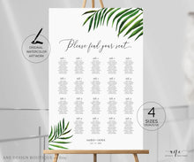 Load image into Gallery viewer, Tropical Beach Seating Chart Template, Greenery Wedding Bridal Sign Table Plan, Palm Leaf Decoration, 100% Editable, A1 A2, Printable 002