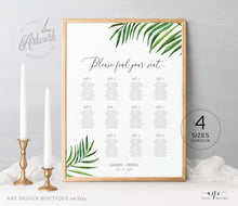 Load image into Gallery viewer, Tropical Beach Seating Chart Template, Greenery Wedding Bridal Sign Table Plan, Palm Leaf Decoration, 100% Editable, A1 A2, Printable 002