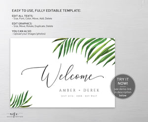 Tropical Wedding Welcome Sign Template, Beach Greenery Palm Leaf Wedding Bridal Baby Shower Sign Poster,100% Editable Printable Download 002