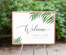 Load image into Gallery viewer, Tropical Wedding Welcome Sign Template, Beach Greenery Palm Leaf Wedding Bridal Baby Shower Sign Poster,100% Editable Printable Download 002