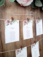 Load image into Gallery viewer, Floral Eucalyptus Seating Chart Template, Table Number Cards, Modern Mauve Roses Wedding Seating Cards, 100% Editable Printable Download 007