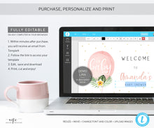 Load image into Gallery viewer, Balloon Baby Shower Welcome Sign Template, Beach Tropical Palm Leaf Baby / Bridal Shower Sign Poster, Fully Editable, Printable Download 002