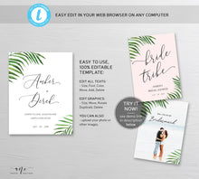 Load image into Gallery viewer, Tropical Wedding Wine Label Template, Palm Leaf Watercolor, Destination Beach Wedding Bridal Shower, Fully Editable, Printable, Download 002