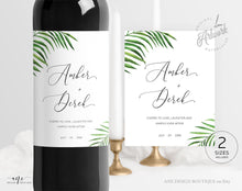Load image into Gallery viewer, Tropical Wedding Wine Label Template, Palm Leaf Watercolor, Destination Beach Wedding Bridal Shower, Fully Editable, Printable, Download 002