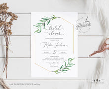 Load image into Gallery viewer, Geometric Greenery Bridal Shower Invitation Template, Boho Wedding Couple Shower, Original Artwork, Fully Editable, Printable, Download 001
