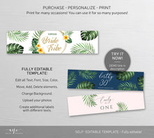 Load image into Gallery viewer, Tropical Beach Bridal Shower Water Label Template, Palm Leaf Monstera Bachelorette Wedding Water Label, Printable 100% Editable Download 002