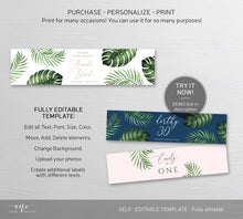 Load image into Gallery viewer, Tropical Beach Wedding Water Label Template, Palm Leaf Monstera Bridal Shower Bachelorette Water Label, Printable 100% Editable Download 002